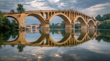 Reflections of clouds on the Sava River under Old Sava Bridge, moody skies and tranquil water creating a peaceful imageの素材