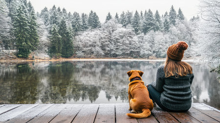 Rear view of a young woman and her dog sitting quietly on a wooden dock, gazing at the frost-covered trees by the lake.の素材