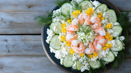 Beautifully decorated Swedish smorgastarta, garnished with dill, lemon slices, shrimp, and thinly sliced cucumbers, top-down viewの素材