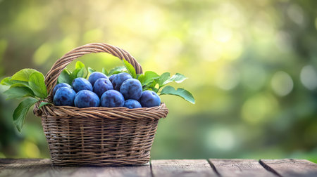 Beautifully arranged blue plums in a traditional woven basket, set on a vintage wooden garden table surrounded by nature.の素材