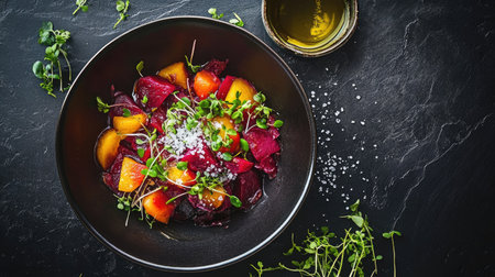 Beautifully arranged Russian herring and beetroot salad, styled with vibrant microgreens, sea salt flakes, and a touch of olive oil.の素材