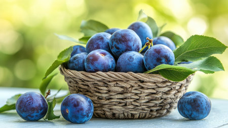 Blue plums in a beautiful handcrafted wicker basket, resting on a garden table with bright natural sunlight and scattered green leaves.の素材