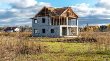 Cement brick home in construction with steel rods visible on the second floor, surrounded by a clean suburban backgroundの素材