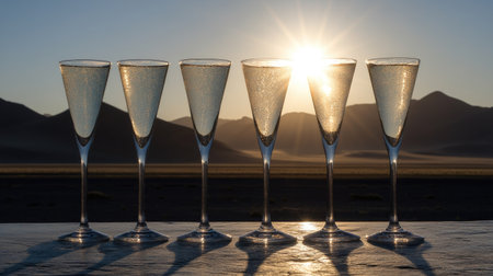 Champagne flutes catching the morning sun on a breakfast table in the Namib Desert near iconic Sossusvlei dunesの素材