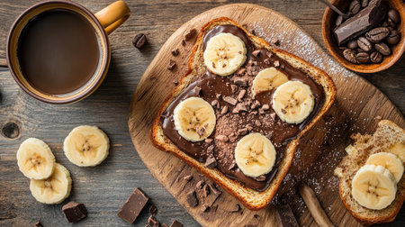 Chocolate-covered toast with banana slices, served with coffee on a light background for a perfect morning vibe.の素材