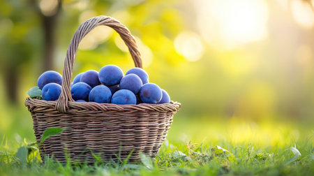 Beautifully woven basket full of freshly picked blue plums, placed on green grass in an organic home orchard. Summer fruit harvest scene.の素材