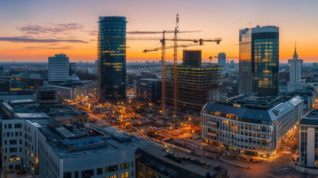 City skyline with active construction sites, cranes working at sunset, urban expansion and architectureの素材