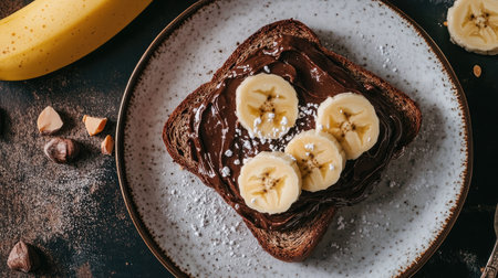 Chocolate hazelnut spread on toast with fresh banana slices, styled in a modern breakfast setting.の素材