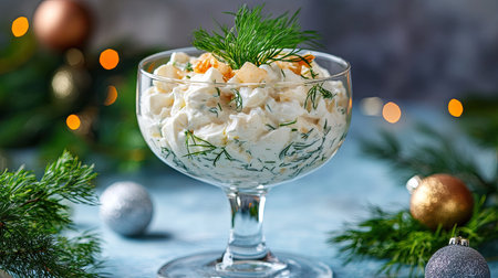 Classic festive Russian herring salad served in an elegant glass, garnished with fresh dill, vintage holiday table decor, blue concrete backgroundの素材