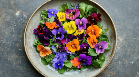 Ceramic plate filled with fresh edible flowers and mche, a colorful summer salad with roses, pansies and nasturtiumsの素材