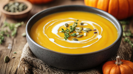 Classic autumn soup made from fresh pumpkin, served with a decorative cream swirl and topped with thyme and seeds, on a warm rustic table.の素材
