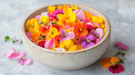 Ceramic dish filled with edible flower salad, including nasturtiums, pansies, rose petals and mche, vibrant and artisticの素材