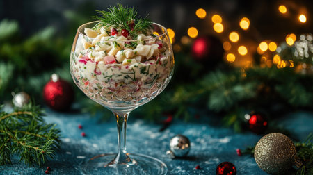 Classic festive Russian herring salad served in an elegant glass, garnished with fresh dill, vintage holiday table decor, blue concrete backgroundの素材