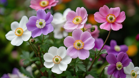 A vibrant display of Japanese anemone flowers in shades of pink, white, and purple, flourishing in a cottage garden.の素材