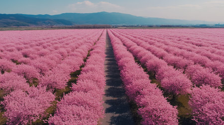 Aerial view of the vast nemophila flower field in Hitachinaka, stretching endlessly towards the horizon in late April.の素材