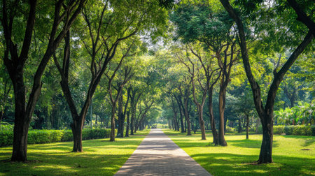 A well-maintained pathway leads through a lush green park, with towering trees providing shade.の素材