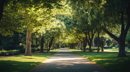 A tranquil park scene with lush green trees and a quiet empty pathway, leaving ample space for text placement.の素材