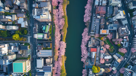Aerial view of the Funakawa River in mid-April, surrounded by vibrant pink cherry blossoms stretching endlessly along the riverbanks.の素材