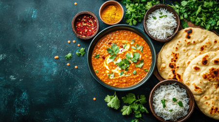 A warm and inviting food scene with red lentil soup, coconut milk, curry, and fresh herbs, accompanied by basmati rice and naan on a dark blue setting.の素材