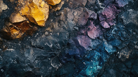 Beautiful abstract geological stone formations with rainbow-colored minerals and deep rough textures, artistic wallpaperの素材