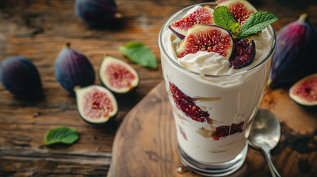 Aesthetic breakfast or dessert parfait with figs and cream, elegantly arranged in a glass, placed on a wooden table.の素材