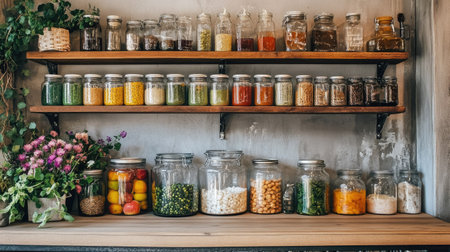 A well-organized wooden pantry shelf filled with assorted glass jars of preserved vegetables, fruits, and homemade marinades.の素材