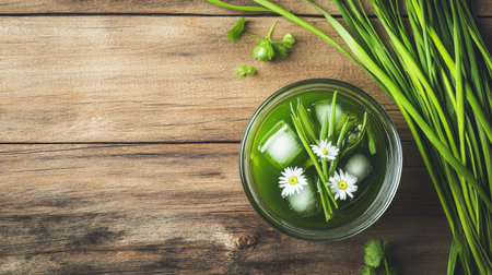 Chilled grass jelly with sweet syrup and ice, served in a transparent bowl, placed on a wooden table, top-down angleの素材