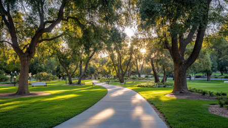 A tranquil forest trail winds through a lush park, sunlight casting a warm glow through the trees.の素材