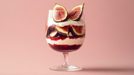 Aesthetic dessert photography featuring a fig parfait in a glass, layered with smooth cream and ripe fig slices.の素材