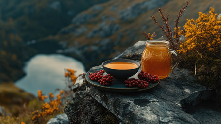Aesthetic autumn-inspired tea scene with a cup of sea buckthorn tea, fresh berries, and a honey jar, styled on a stone background.の素材