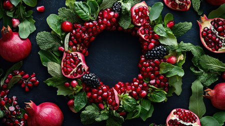 Artistic food photo of Pomegranate Bracelet salad ring with deep red topping, overhead view on dramatic black surfaceの素材