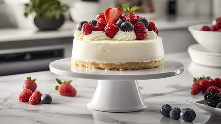 Aesthetic food photography featuring vanilla cheesecake with a buttery crust, soft whipped cream, and vibrant fresh berries.の素材