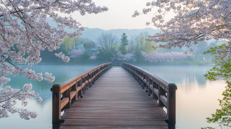 A wooden bridge crossing the Kannonjigawa River, framed by soft pink cherry blossoms in Inawashiro, Fukushima.の素材