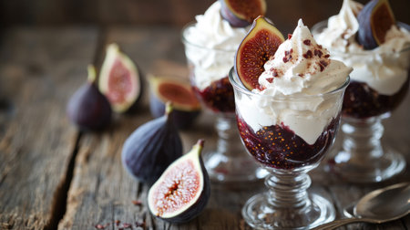 Aesthetic breakfast or dessert parfait with figs and cream, elegantly arranged in a glass, placed on a wooden table.の素材