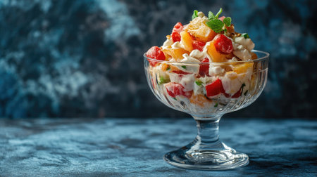 Authentic Russian Shuba salad served in a glass, nostalgic Soviet-era dinner setting, textured blue concrete backgroundの素材