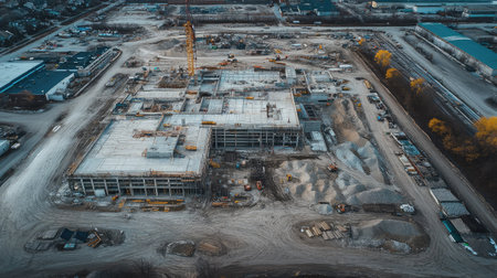 Aerial view of a large concrete building mid-construction surrounded by material stockpiles and cranesの素材