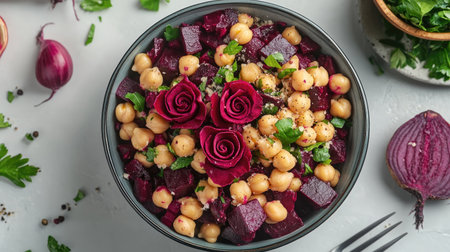 Bowl of beetroot and chickpea salad with artistic rose-shaped beet garnishes, top-down view on neutral backgroundの素材