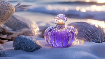 Chic glass perfume bottle with purple liquid on white rock, glowing softly. Luxury fragrance branding.の素材
