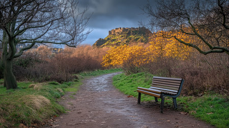 Bench along the pathway of Holyrood Park, Arthur's Seat towering in the background, moody weatherの素材
