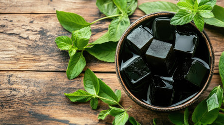 Close-up of grass jelly cubes in a bowl with brown sugar syrup, placed on a wooden table, top view of a refreshing Thai dessertの素材
