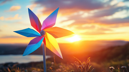 Artistic close-up of a neon-colored paper windmill, glowing under the golden hour skyの素材