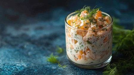 Authentic Russian Shuba salad served in a glass, nostalgic Soviet-era dinner setting, textured blue concrete backgroundの素材