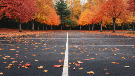 Autumn leaves falling gently on an empty parking lot surrounded by colorful maple and oak trees.の素材