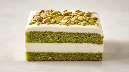 Classic pistachio green cake slice with a smooth cream layer and pistachio topping, presented elegantly for dessert photography.の素材