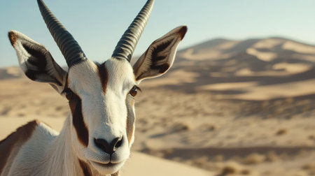 Close-up of a gemsbok antelope's striking facial markings and horns, Namib Desert dunes blurred in the backgroundの素材