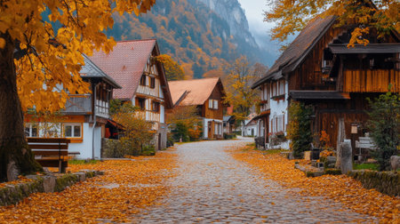 Cozy Bavarian village street during autumn, golden leaves covering the cobblestone path, charming wooden housesの素材