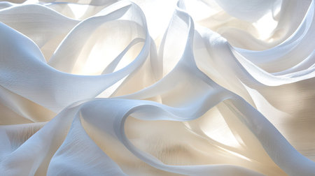 Close-up of a sunlit window with a transparent white curtain, soft folds gently swaying in the breeze on a bright morning.の素材