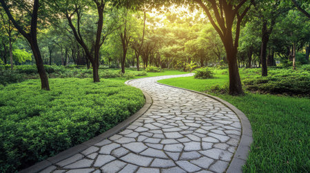 An empty stone pathway curves through a lush green park, with a single tree providing a natural focal point.の素材
