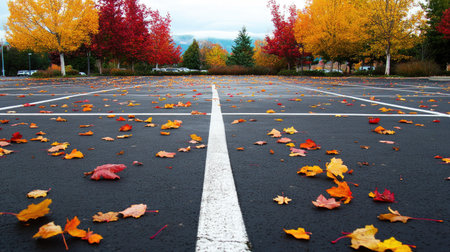 Autumn leaves falling gently on an empty parking lot surrounded by colorful maple and oak trees.の素材