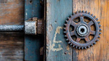 Close-up of a steampunk-style old metal gear on a distressed wooden workbench, intricate details of rust and wearの素材